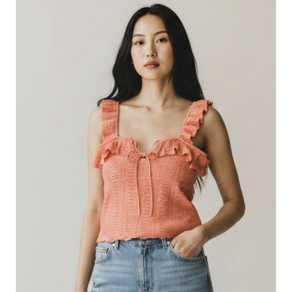 Guess Y2K Cottagecore Coral Peach Pointelle Knit Ruffle Cami Tank Top Small